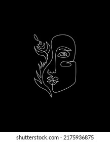 Woman face with flower drawn by one line. Ukrainian ornament. Continuous line drawing beauty art. Black and white. Vector illustration in abstract style.
