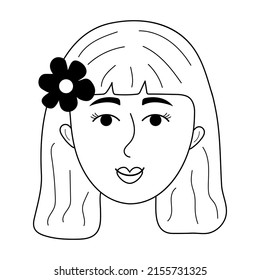 Woman face with flower in her hair in doodle style. Avatar of smiling girl. Vector illustration.