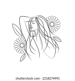 Woman face with flower and leaves minimal black and white line art work