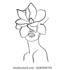 Woman Face with Flower Line Art Drawing. Floral Female Head Creative Contemporary Drawing. Beauty Fashion Female Portrait, Elegant Vector Minimalist Art for Fashion Design, Wall Art, Print. Not AI