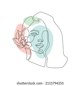 Woman face with flower in one continuous line drawing. Abstract female portrait in simple linear style with magnolia. Vector illustration with spring colours freeform for logo and wall art