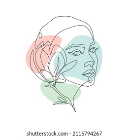 Woman face with flower in one continuous line drawing. Abstract female portrait in simple linear style with magnolia floral motif. Vector illustration with colours freeform for logo and wall art