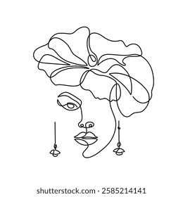 Woman Face with Flower One Line Drawing. Beautiful Female Face Creative Contemporary Vector Linear Drawing. Female Head, Vector Minimalist Art for Fashion Design, Wall Art, Prints. Not AI