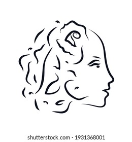 Woman face flower rose logo icon sign Spring nature symbol emblem Hand drawn ink sketch decoration elements concept Line style Fashion print clothes apparel greeting invitation card cover flyer poster