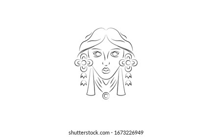 Woman face with flower sketch. Female head, mystical goddess. Art deco style, outline.  Vector illustration, isolated.   