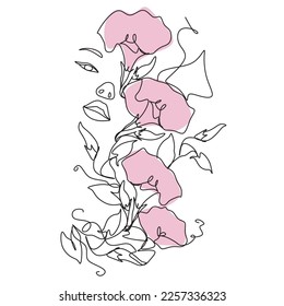 Woman face with  flowers. Abstract face with butterfly by one line drawing. Portrait minimalistic style. Botanical print. Nature symbol of cosmetics