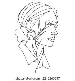 Woman face with flowers. Abstract face with flowers by one line drawing. Portrait minimalistic style. Botanical print. Nature symbol of cosmetics