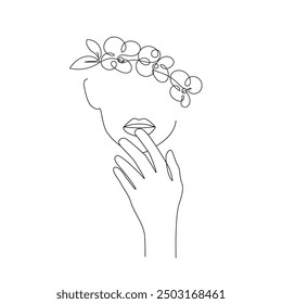 Woman Face with Flowers Abstract Line Drawing. Female Portrait Minimalist Style. Woman Head with Flowers Vector Illustration for Cosmetics. Line Art Fashion Minimal Print. Beauty Logo
