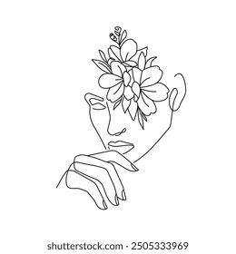 Woman Face with Flowers Abstract Line Drawing. Female Portrait Minimalist Style. Woman Head with Flowers Vector Illustration for Cosmetics. Line Art Fashion Minimal Print. Beauty Logo