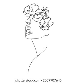 Rosto de mulher com flores Desenho de linha abstrata. Retrato Feminino Estilo Minimalista. Cabeça de mulher com flores ilustração vetor para cosméticos. Impressão Mínima De Moda De Arte De Linha. Logotipo Beauty