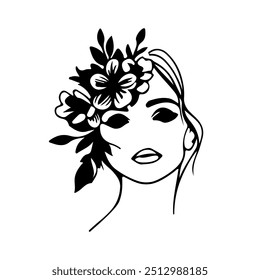 Woman Face with Flowers Abstract Line Drawing. Female Portrait Minimalist Style. Woman Head with Flowers Vector Illustration for Cosmetics. Line Art Fashion Minimal Print. Beauty Logo
