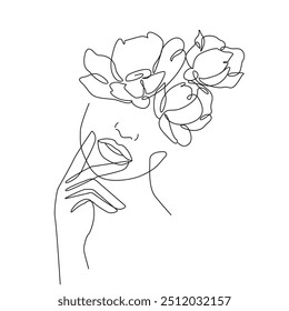 Woman Face with Flowers Abstract One Line Drawing. Female Portrait Minimalist Style. Woman Head with Flowers Vector Illustration for Cosmetics. Line Art Fashion Minimal Print. Beauty Logo
