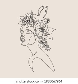 Woman face with flowers and bird. Line art female hands with butterflies. Abstract face with butterfly by one line drawing. Portrait minimalistic style. Botanical print. Nature symbol of cosmetics. 