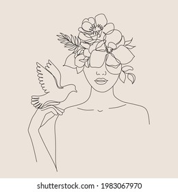 Woman face with flowers and bird. Line art female hands with butterflies. Abstract face with butterfly by one line drawing. Portrait minimalistic style. Botanical print. Nature symbol of cosmetics. 