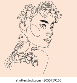 Las mujeres se enfrentan con flores y pájaro. Peluquería del logo de Line Art. Resumen de la cara con mariposa en un dibujo de una línea. Retrato de estilo minimalista. Impresión moderna de afiches. Símbolo natural de los cosméticos.