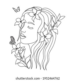 Woman Face Flowers Butterfly Line Art Stock Vector (Royalty Free ...