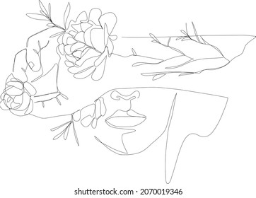 Woman face with flowers by one line in vector illustration. Minimalistic style portrait. Botanical print. For logo, packaging cosmetics, beauty Studio, tattoo, Spa salon, manicure, jewelry.