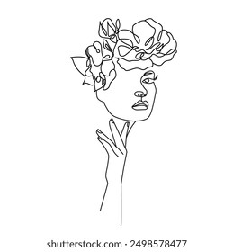 Woman Face with Flowers Continuous Line Drawing Print. Woman with Floral Head One Line Abstract Portrait. Female Face Minimalist Contour Drawing. Vector EPS 10.