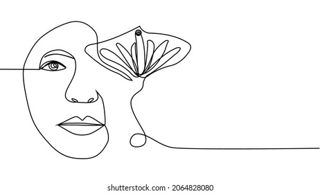 Woman face with flowers Continuous one line drawing. Flower bouquet in woman head single line art. Minimalist Black White Drawing Artwork