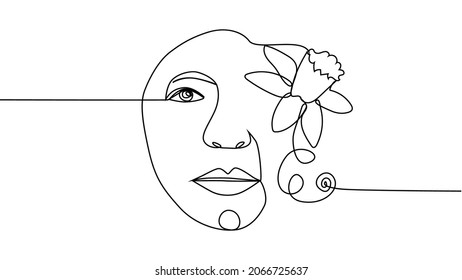 Woman face with flowers Continuous one line drawing. Flower bouquet in woman head single line art. Minimalist Black White Drawing Artwork