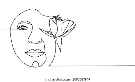 Woman face with flowers Continuous one line drawing. Flower bouquet in woman head single line art. Minimalist Black White Drawing Artwork
