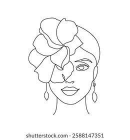 Woman Face with Flowers Continuous One Line Art Vector Illustration. Female Floral Head Beauty Line Art Design for Print, Wall Art, Home Decoration. Not AI