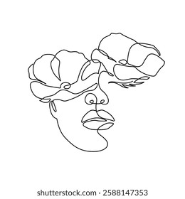 Woman Face with Flowers Continuous One Line Art Vector Illustration. Female Floral Head Beauty Line Art Design for Print, Wall Art, Home Decoration. Not AI