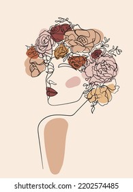 La mujer se enfrenta a flores en su cabello, dibujo de líneas. - Ilustración del vector