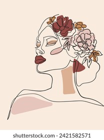 Woman face with flowers in her hair, line drawing art. - Vector illustration