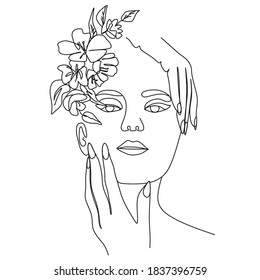 Woman face with flowers. Line art female hands with flowers.Vector. Abstract face one line drawing. Portrait minimalistic style. Botanical print. 