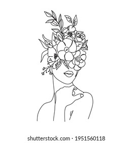 Woman face with flowers . Line art female hands with flowers . Abstract face with flowers  by one line drawing. Portrait minimalistic style. Botanical print. Nature symbol of cosmetics. 