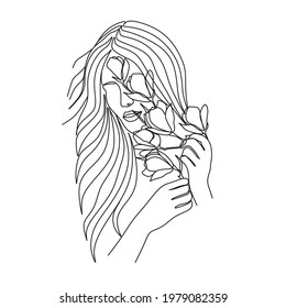 Woman face with flowers . Line art female hands with flowers . Abstract face with flowers  by one line vector drawing. Portrait minimalistic style. Botanical print. Nature symbol of cosmetics.