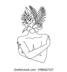 Woman face with flowers . Line art female hands with flowers . Abstract face with flowers  by one line vector drawing. Portrait minimalistic style. Botanical print. Nature symbol of cosmetics.