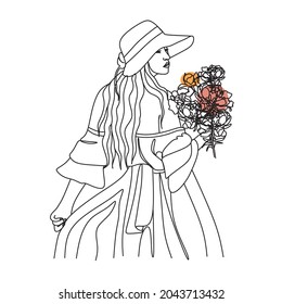 Woman face with Flowers. Line art female hands with butterflies. Abstract face with butterfly by one line vector drawing. Portrait minimalistic style. Botanical print. Nature symbol of cosmetics.
