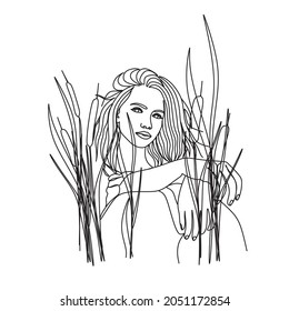 Woman face with flowers . Line art female hands with flowers . Abstract face with flowers  by one line vector drawing. Portrait minimalistic style. Botanical print. Nature symbol of cosmetics.