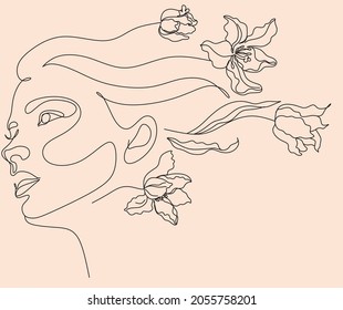 Woman face with flowers. Line art female hands with flowers. Abstract face with plants by one line drawing. Portrait minimalistic style. Botanical print. Nature symbol of cosmetics.