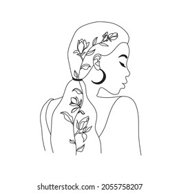 Woman face with flowers. Line art female hands with flowers. Abstract face with plants by one line drawing. Portrait minimalistic style. Botanical print. Nature symbol of cosmetics.