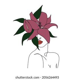 Woman face with flowers. Line art female hands with butterflies. One line vector drawing. Portrait minimalistic style. Botanical print. Nature symbol of cosmetics.