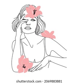 Woman face with flowers. Line art female hands with butterflies. One line vector drawing. Portrait minimalistic style. Botanical print. Nature symbol of cosmetics.