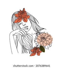Woman face with flowers. Line art female hands with butterflies. One line vector drawing. Portrait minimalistic style. Botanical print. Nature symbol of cosmetics.