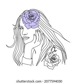 Woman face with flowers. Line art female hands with butterflies. One line vector drawing. Portrait minimalistic style. Botanical print. Nature symbol of cosmetics.