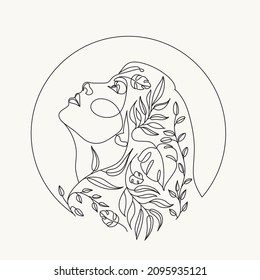 Cara de mujer con flores, arte de línea. Elegante logo de belleza femenina. Resumen de la cara con plantas por un dibujo de una línea. Retrato de estilo minimalista. Huella botánica. Símbolo natural de los cosméticos. 