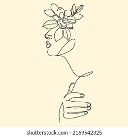 Woman face with flowers. Line art female hands with flowers. Abstract face with plants by one line drawing. Portrait minimalistic style. Botanical print. Nature symbol of cosmetics.