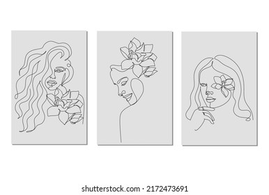 Woman face with flowers Line art Set of 3 prints posters.  Elegant Feminine Beauty Logo. Abstract face with plants one line drawing. Portrait minimalistic style. Botanical print. Symbol of cosmetics. 