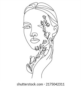 Woman face with flowers Line art. Elegant Feminine Beauty Logo. Abstract face with plants by one line drawing. Portrait minimalistic style. Botanical print. Nature symbol of cosmetics.