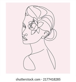 Woman face with flowers Line art. Elegant Feminine Beauty Logo. Abstract face with plants by one line drawing. Portrait minimalistic style. Botanical print. Nature symbol of cosmetics.
