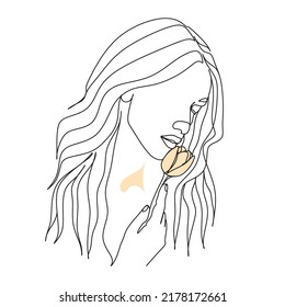 Woman face with flowers.One Line art female. One line vector drawing. Portrait minimalistic style. Botanical print. Nature symbol of cosmetics.
