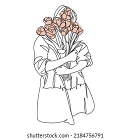 Woman face with flowers.One Line art female. One line vector drawing. Portrait minimalistic style. Botanical print. Nature symbol of cosmetics.