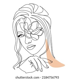 Woman face with flowers.One Line art female. One line vector drawing. Portrait minimalistic style. Botanical print. Nature symbol of cosmetics.