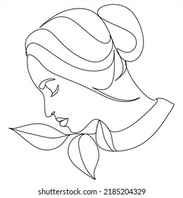 Woman face with flowers Line art. Elegant Feminine Beauty Logo. Abstract face with plants by one line drawing. Portrait minimalistic style. Botanical print. Nature symbol of cosmetics.
